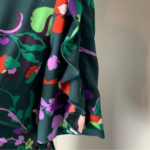 Kate Spade Fleur Nouveau dark green‎ floral smocked ruffle mini dress size 0 - Picture 8 of 17